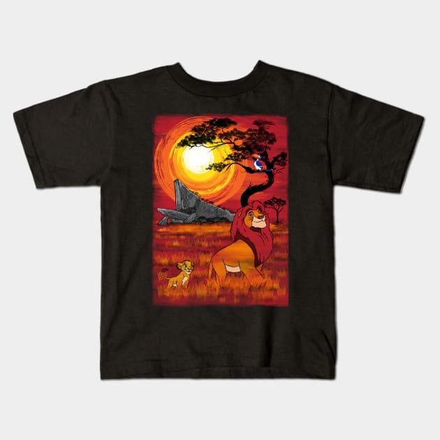 Sunset in the Pride Lands Kids T-Shirt by DrMonekers